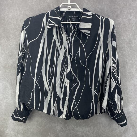 90s Y2K Alexandra Bartlett Womens L Silk Blouse Abstract Black White Button Up - Picture 7 of 7